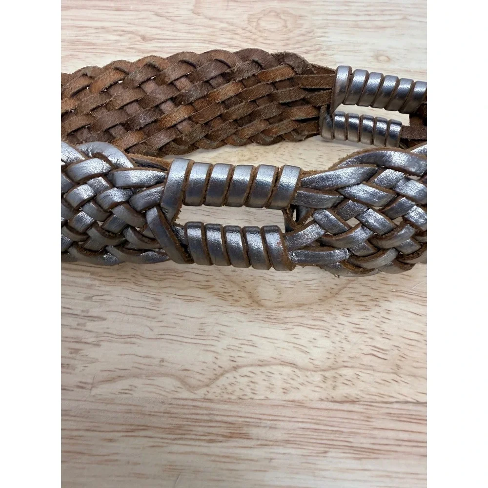 Gap Womens Metallic Silver Braided Leather Belt Brown Woven XS